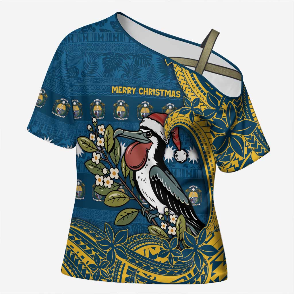 Nauru Christmas Cross Shoulder Shirt Frigatebird Bird Santa Tribal Waves - Polynesian Pride