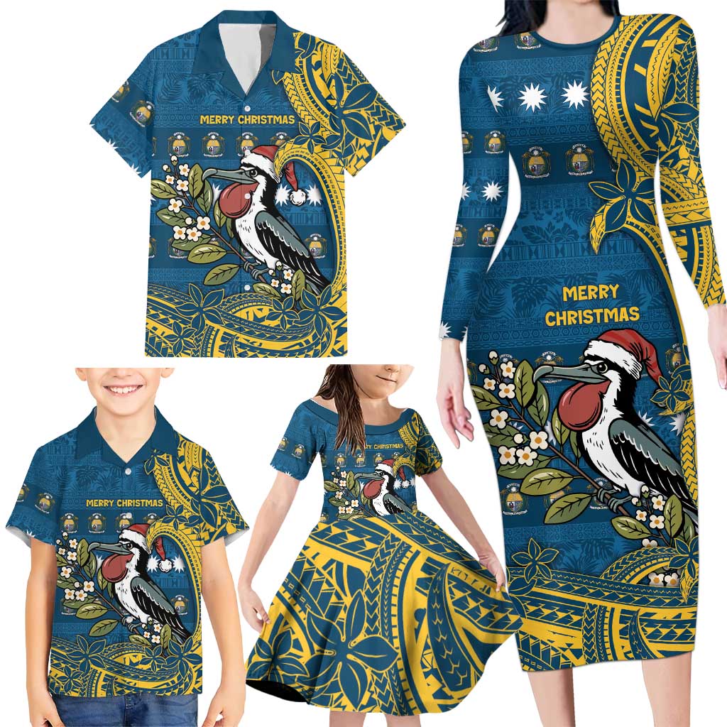 Nauru Christmas Family Matching Long Sleeve Bodycon Dress and Hawaiian Shirt Frigatebird Bird Santa Tribal Waves - Polynesian Pride