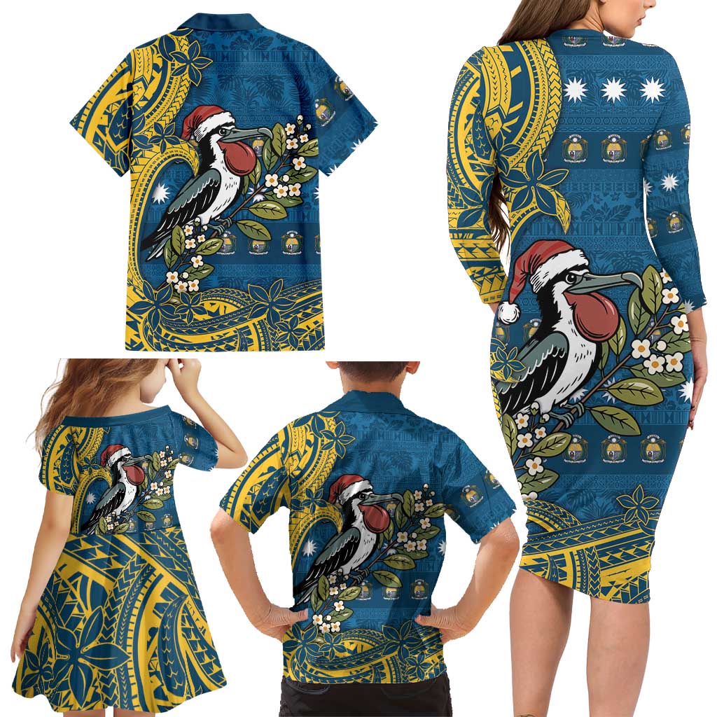 Nauru Christmas Family Matching Long Sleeve Bodycon Dress and Hawaiian Shirt Frigatebird Bird Santa Tribal Waves DT05 - Polynesian Pride