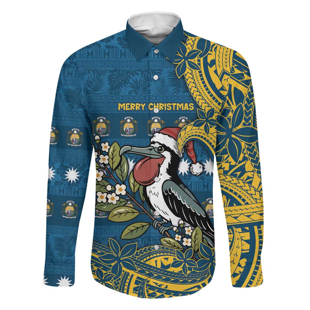 Nauru Christmas Family Matching Long Sleeve Bodycon Dress and Hawaiian Shirt Frigatebird Bird Santa Tribal Waves DT05 Dad's Shirt - Long Sleeve Deep Blue - Polynesian Pride