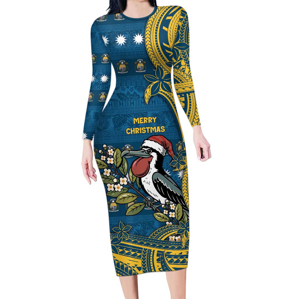 Nauru Christmas Family Matching Long Sleeve Bodycon Dress and Hawaiian Shirt Frigatebird Bird Santa Tribal Waves DT05 Mom's Dress Deep Blue - Polynesian Pride