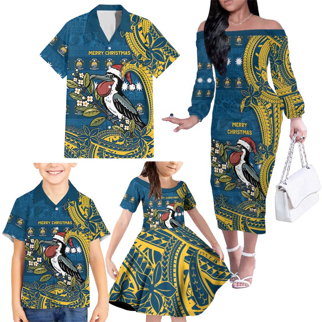 Nauru Christmas Family Matching Off The Shoulder Long Sleeve Dress and Hawaiian Shirt Frigatebird Bird Santa Tribal Waves DT05 - Polynesian Pride