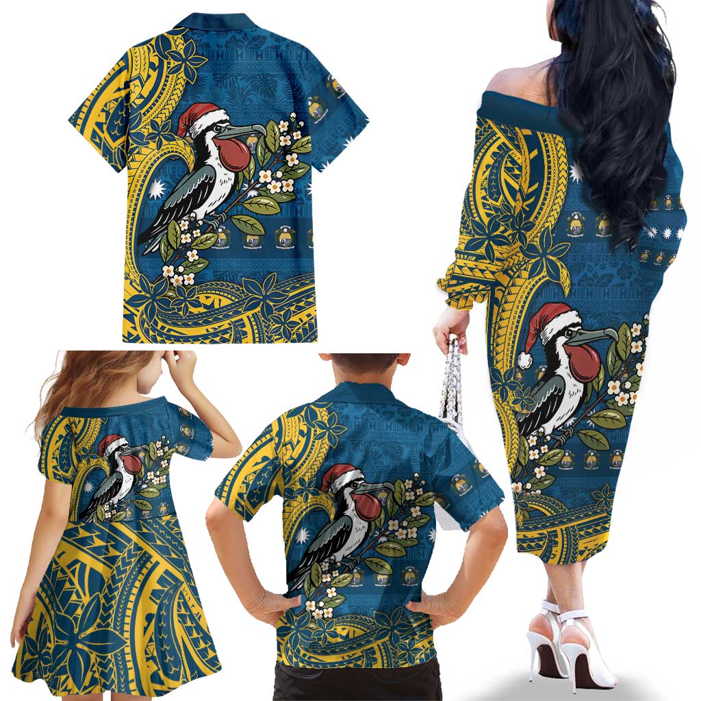 Nauru Christmas Family Matching Off The Shoulder Long Sleeve Dress and Hawaiian Shirt Frigatebird Bird Santa Tribal Waves DT05 - Polynesian Pride