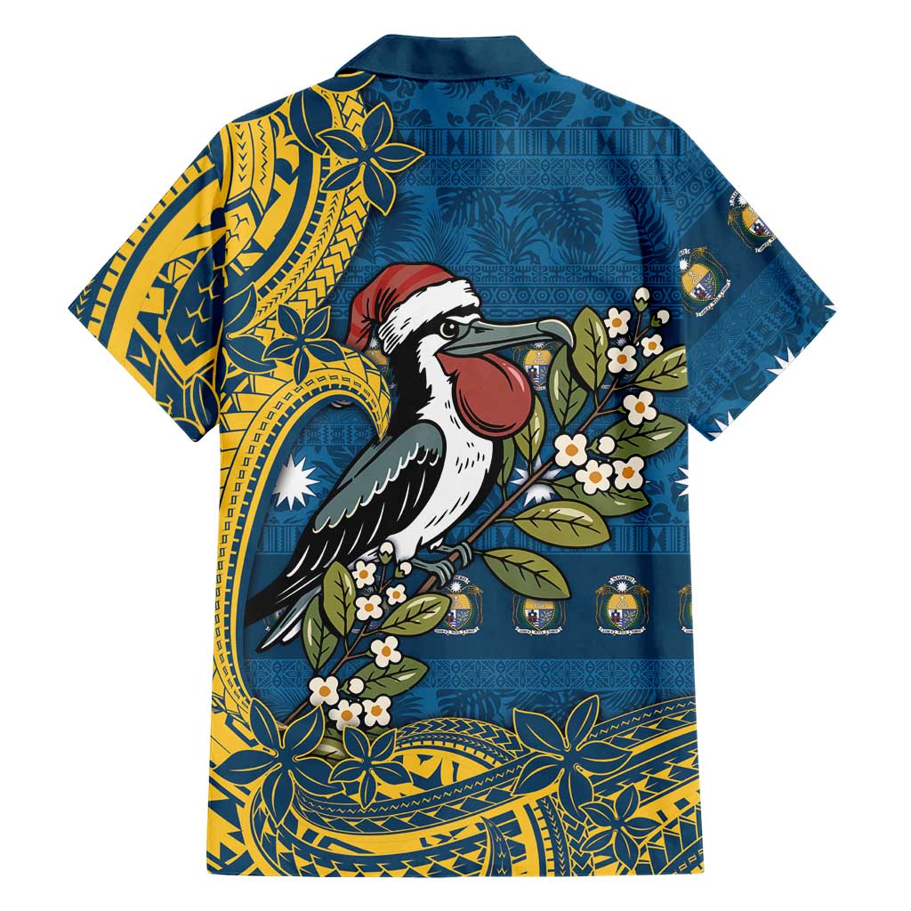Nauru Christmas Family Matching Off The Shoulder Long Sleeve Dress and Hawaiian Shirt Frigatebird Bird Santa Tribal Waves DT05 - Polynesian Pride