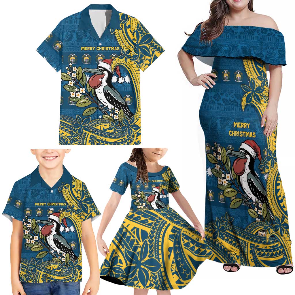 Nauru Christmas Family Matching Off Shoulder Maxi Dress and Hawaiian Shirt Frigatebird Bird Santa Tribal Waves DT05 - Polynesian Pride