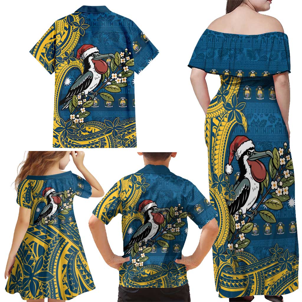 Nauru Christmas Family Matching Off Shoulder Maxi Dress and Hawaiian Shirt Frigatebird Bird Santa Tribal Waves DT05 - Polynesian Pride