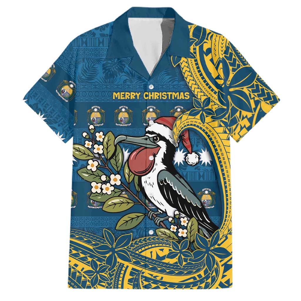 Nauru Christmas Family Matching Off Shoulder Maxi Dress and Hawaiian Shirt Frigatebird Bird Santa Tribal Waves DT05 Dad's Shirt - Short Sleeve Deep Blue - Polynesian Pride