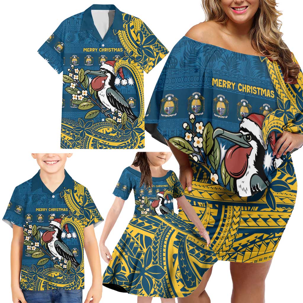 Nauru Christmas Family Matching Off Shoulder Short Dress and Hawaiian Shirt Frigatebird Bird Santa Tribal Waves - Polynesian Pride