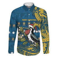 Nauru Christmas Family Matching Off Shoulder Short Dress and Hawaiian Shirt Frigatebird Bird Santa Tribal Waves DT05 Dad's Shirt - Long Sleeve Deep Blue - Polynesian Pride