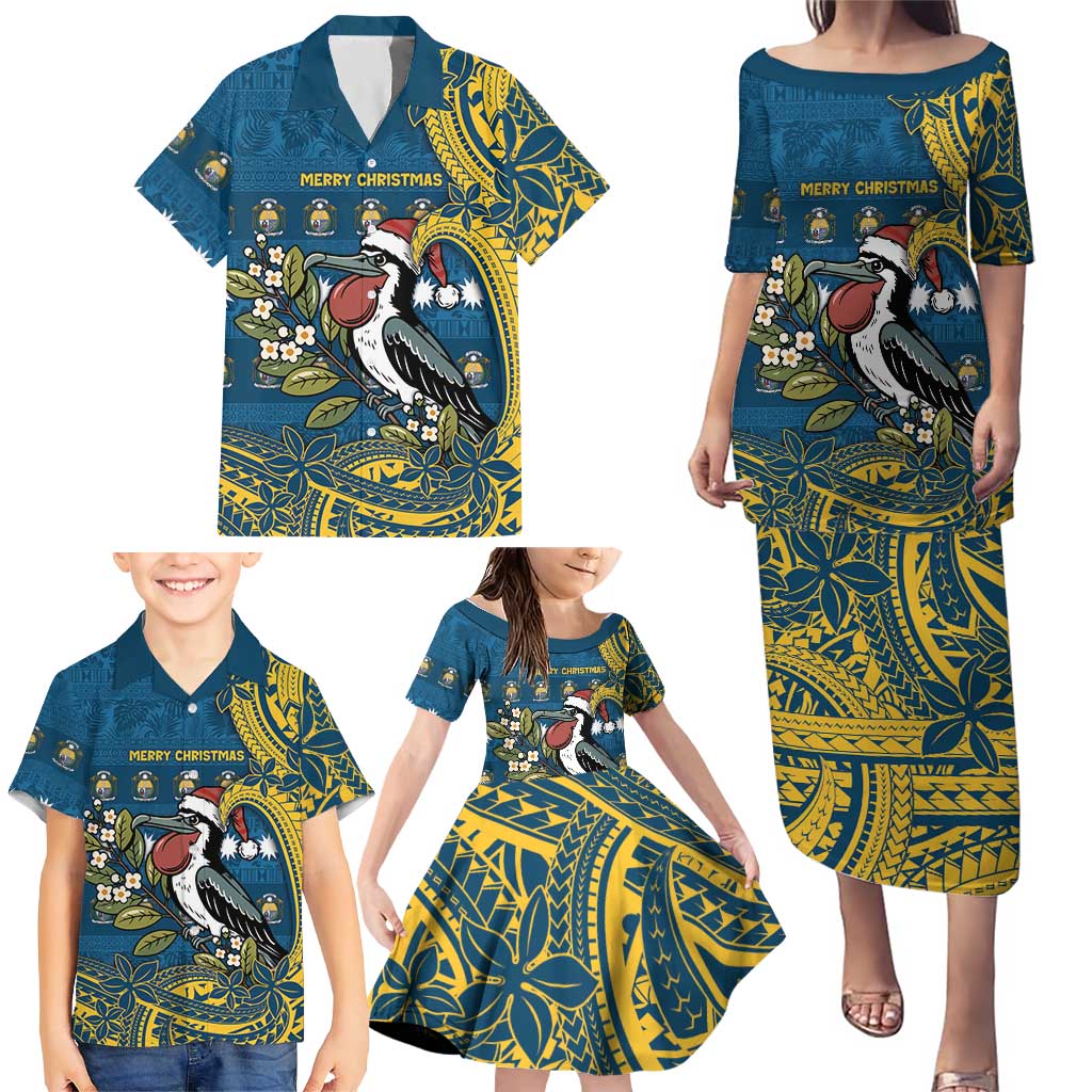 Nauru Christmas Family Matching Puletasi and Hawaiian Shirt Frigatebird Bird Santa Tribal Waves - Polynesian Pride