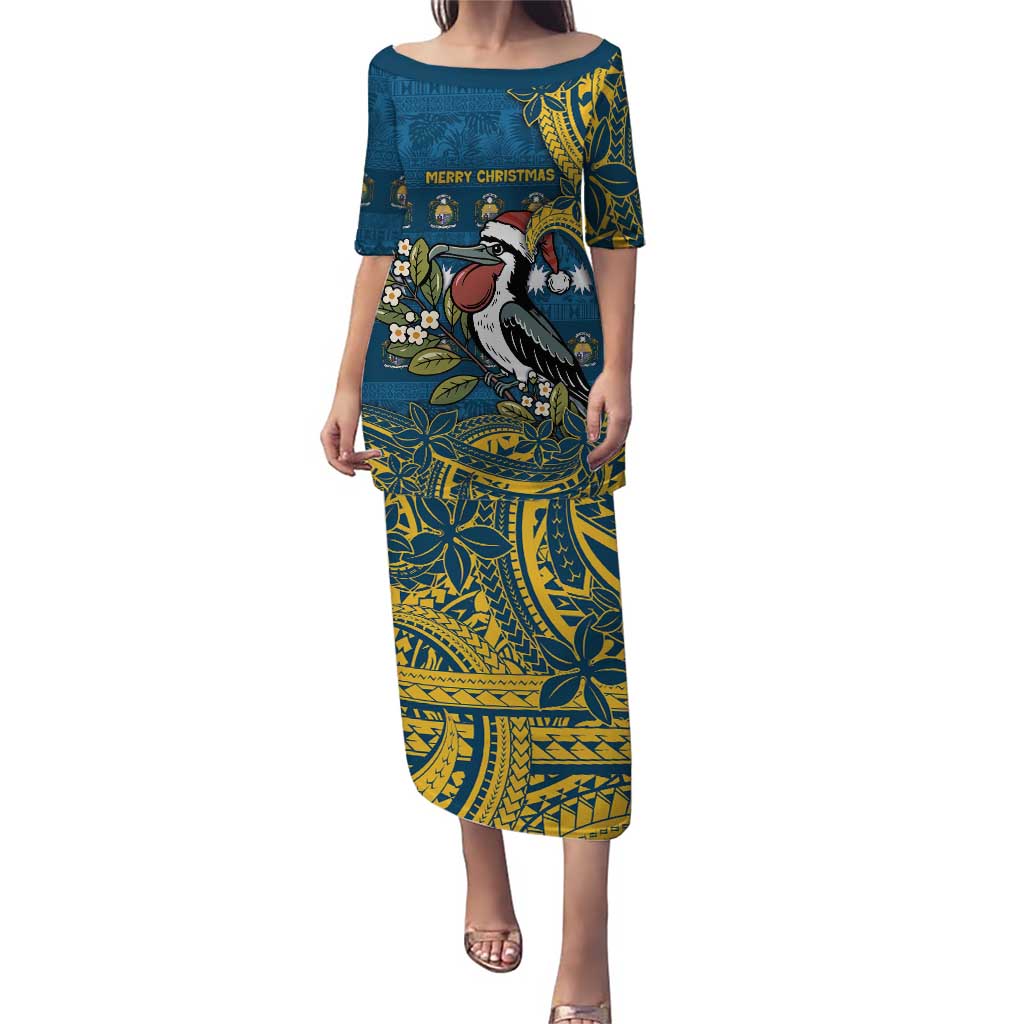 Nauru Christmas Family Matching Puletasi and Hawaiian Shirt Frigatebird Bird Santa Tribal Waves DT05 Mom's Dress Deep Blue - Polynesian Pride