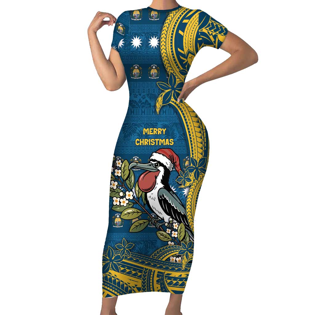 Nauru Christmas Family Matching Short Sleeve Bodycon Dress and Hawaiian Shirt Frigatebird Bird Santa Tribal Waves DT05 Mom's Dress Deep Blue - Polynesian Pride