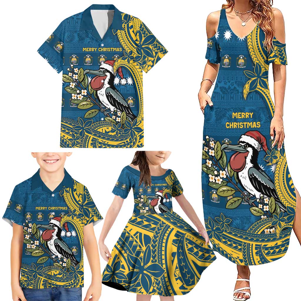 Nauru Christmas Family Matching Summer Maxi Dress and Hawaiian Shirt Frigatebird Bird Santa Tribal Waves DT05 - Polynesian Pride