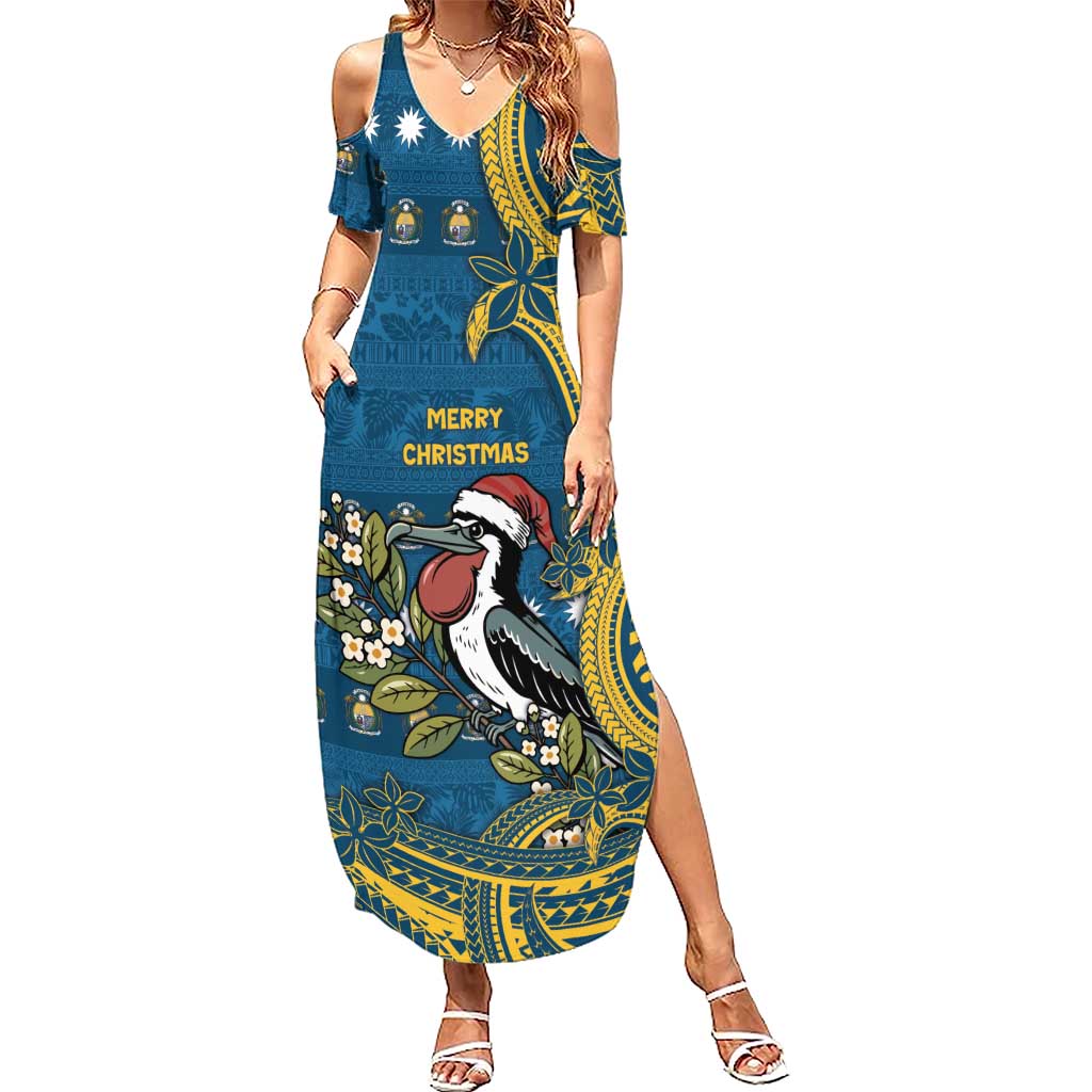Nauru Christmas Family Matching Summer Maxi Dress and Hawaiian Shirt Frigatebird Bird Santa Tribal Waves DT05 Mom's Dress Deep Blue - Polynesian Pride