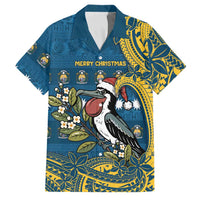 Nauru Christmas Family Matching Tank Maxi Dress and Hawaiian Shirt Frigatebird Bird Santa Tribal Waves DT05 Dad's Shirt - Short Sleeve Deep Blue - Polynesian Pride