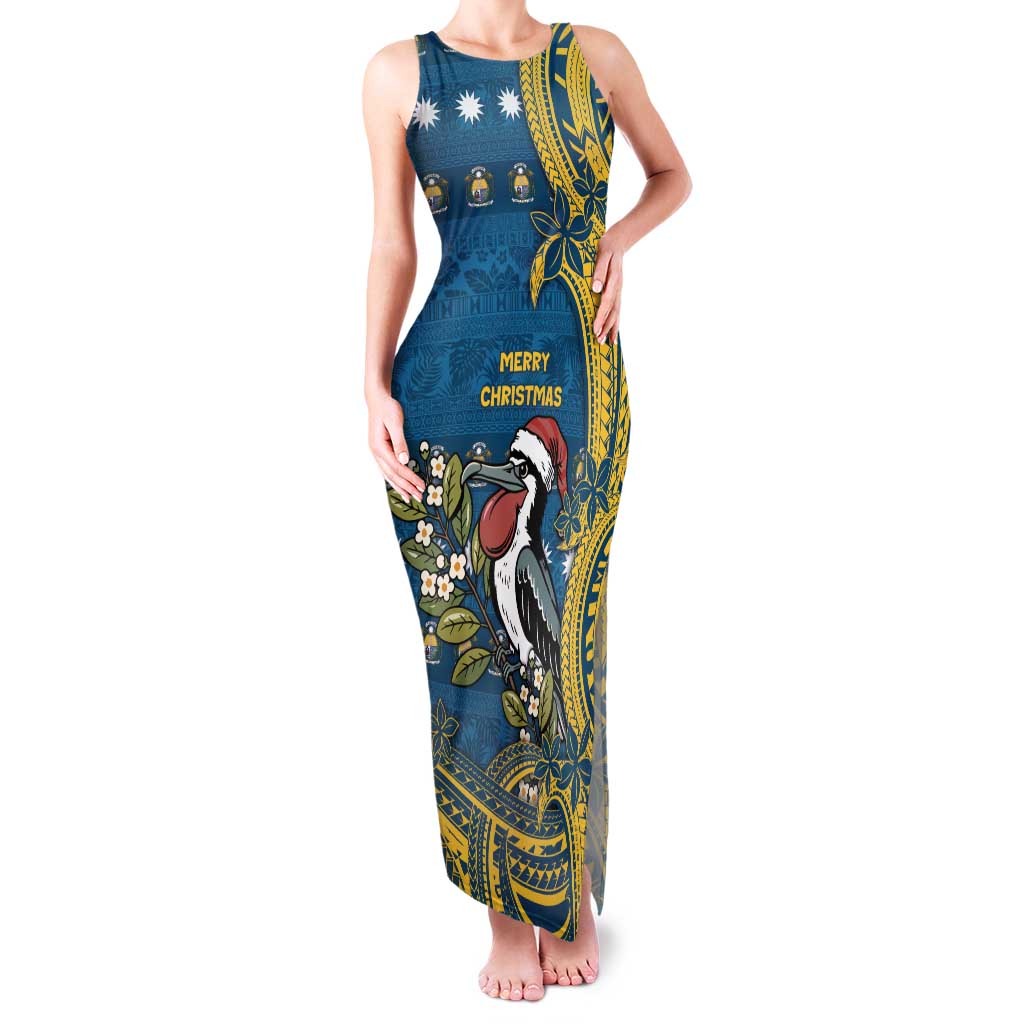 Nauru Christmas Family Matching Tank Maxi Dress and Hawaiian Shirt Frigatebird Bird Santa Tribal Waves DT05 Mom's Dress Deep Blue - Polynesian Pride