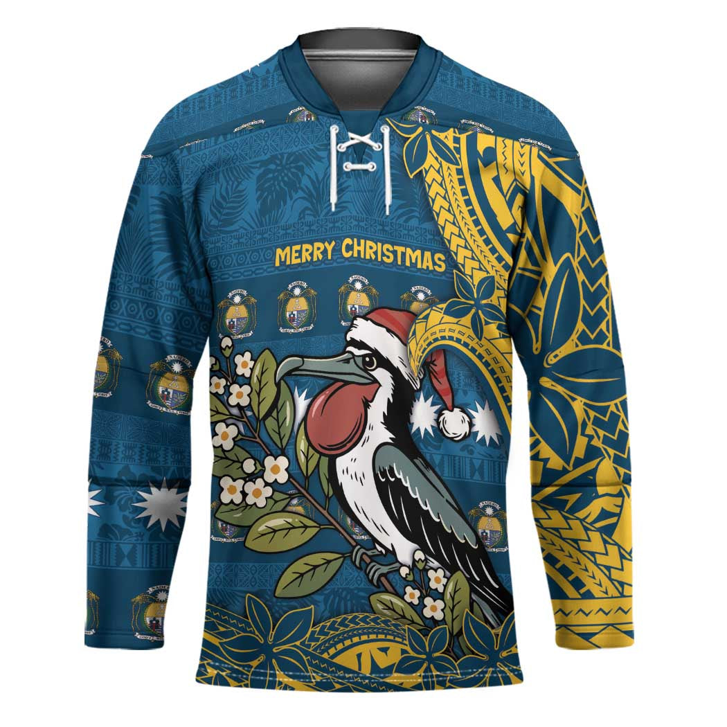 Nauru Christmas Hockey Jersey Frigatebird Bird Santa Tribal Waves - Polynesian Pride
