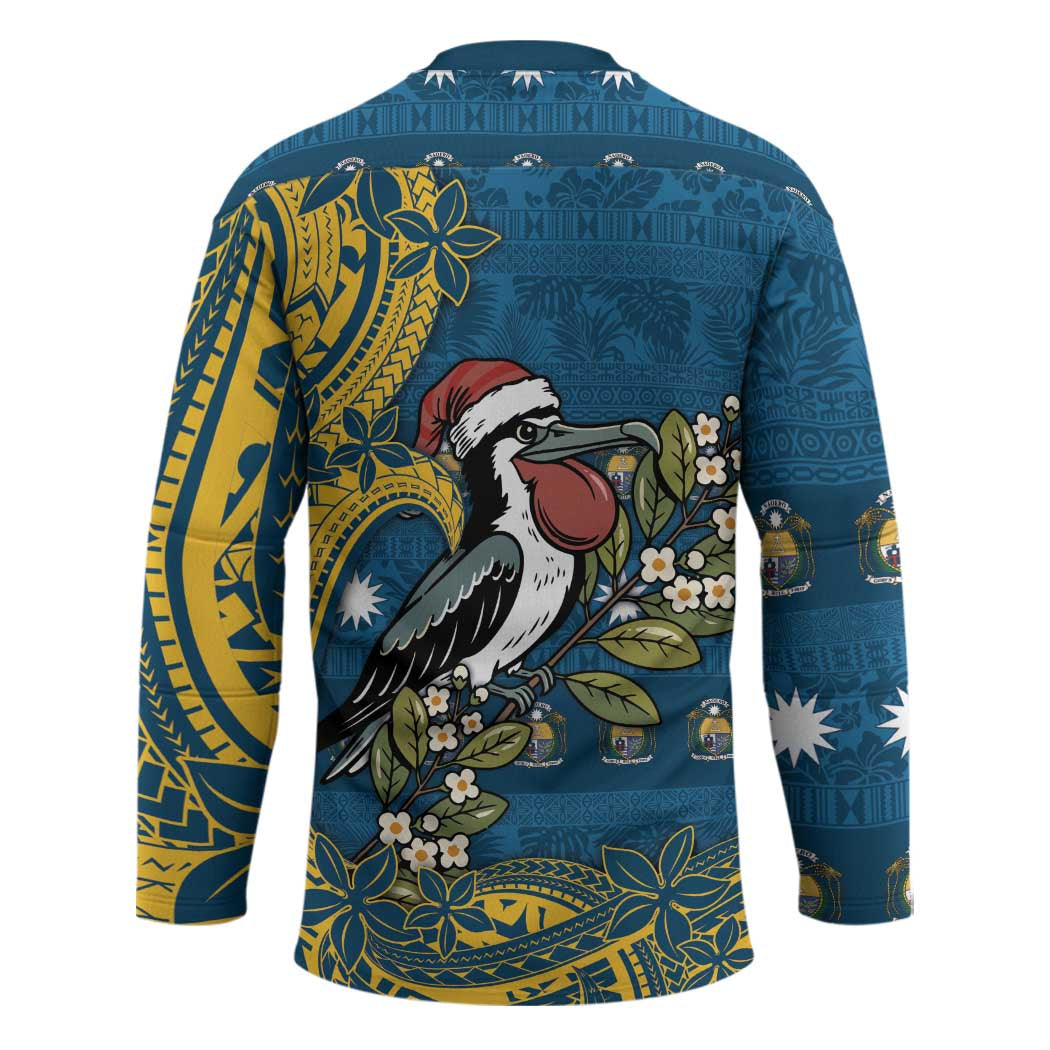 Nauru Christmas Hockey Jersey Frigatebird Bird Santa Tribal Waves - Polynesian Pride