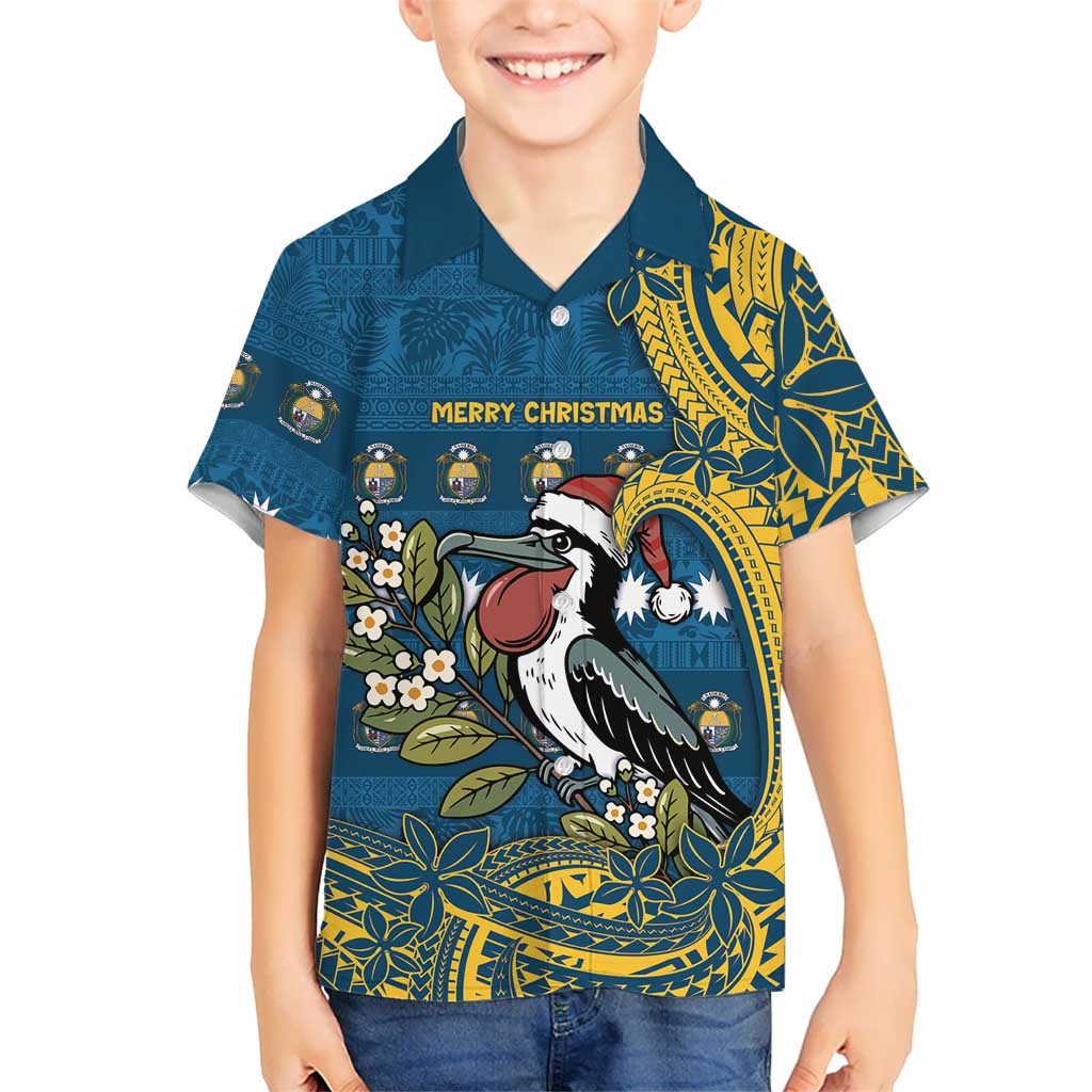 Nauru Christmas Kid Hawaiian Shirt Frigatebird Bird Santa Tribal Waves - Polynesian Pride