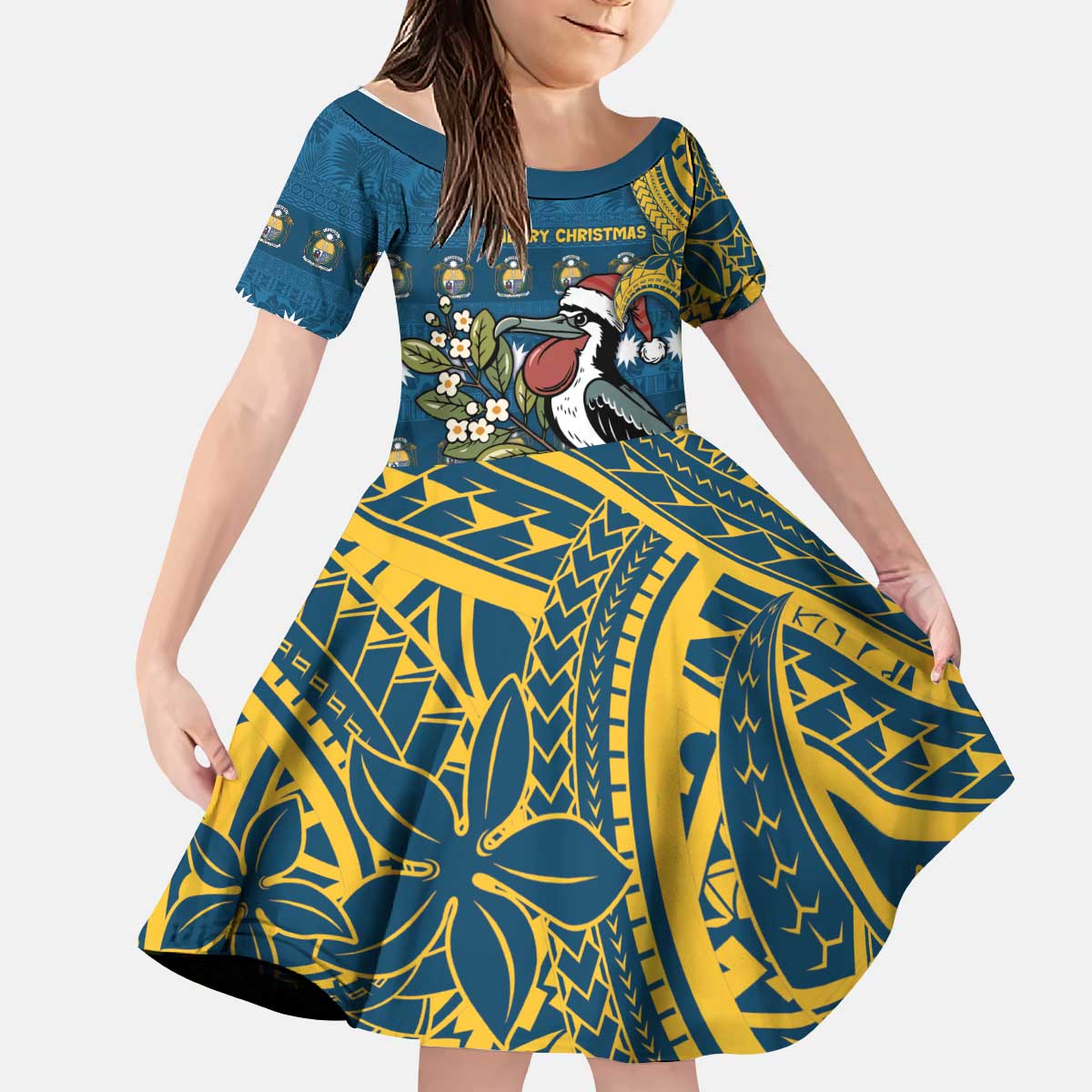 Nauru Christmas Kid Short Sleeve Dress Frigatebird Bird Santa Tribal Waves DT05 KID Deep Blue - Polynesian Pride