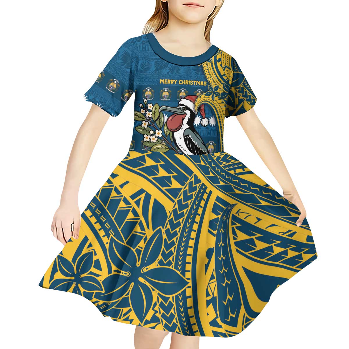 Nauru Christmas Kid Short Sleeve Dress Frigatebird Bird Santa Tribal Waves DT05 - Polynesian Pride