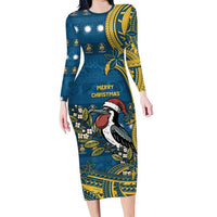Nauru Christmas Long Sleeve Bodycon Dress Frigatebird Bird Santa Tribal Waves DT05 Long Dress Deep Blue - Polynesian Pride