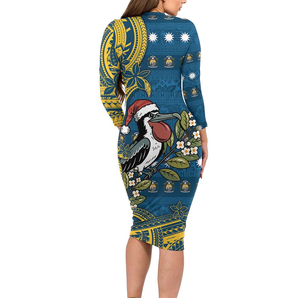 Nauru Christmas Long Sleeve Bodycon Dress Frigatebird Bird Santa Tribal Waves DT05 - Polynesian Pride