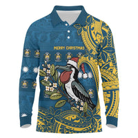Nauru Christmas Long Sleeve Polo Shirt Frigatebird Bird Santa Tribal Waves DT05 Deep Blue - Polynesian Pride
