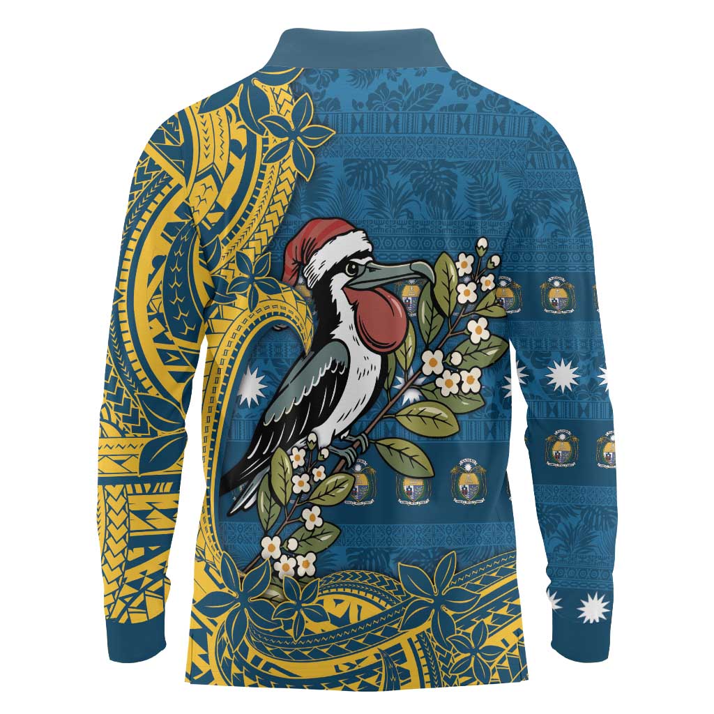 Nauru Christmas Long Sleeve Polo Shirt Frigatebird Bird Santa Tribal Waves DT05 - Polynesian Pride