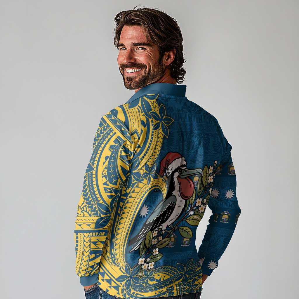 Nauru Christmas Long Sleeve Polo Shirt Frigatebird Bird Santa Tribal Waves DT05 - Polynesian Pride