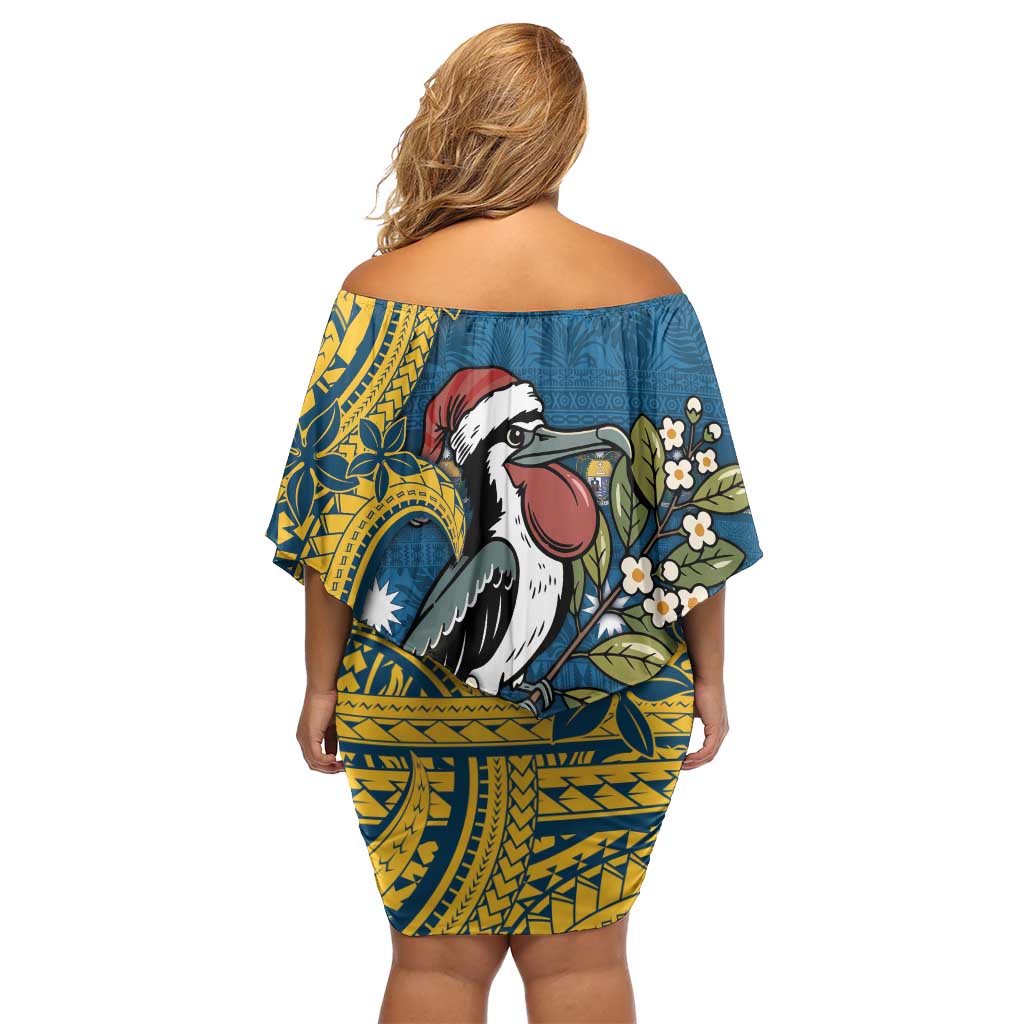 Nauru Christmas Off Shoulder Short Dress Frigatebird Bird Santa Tribal Waves - Polynesian Pride