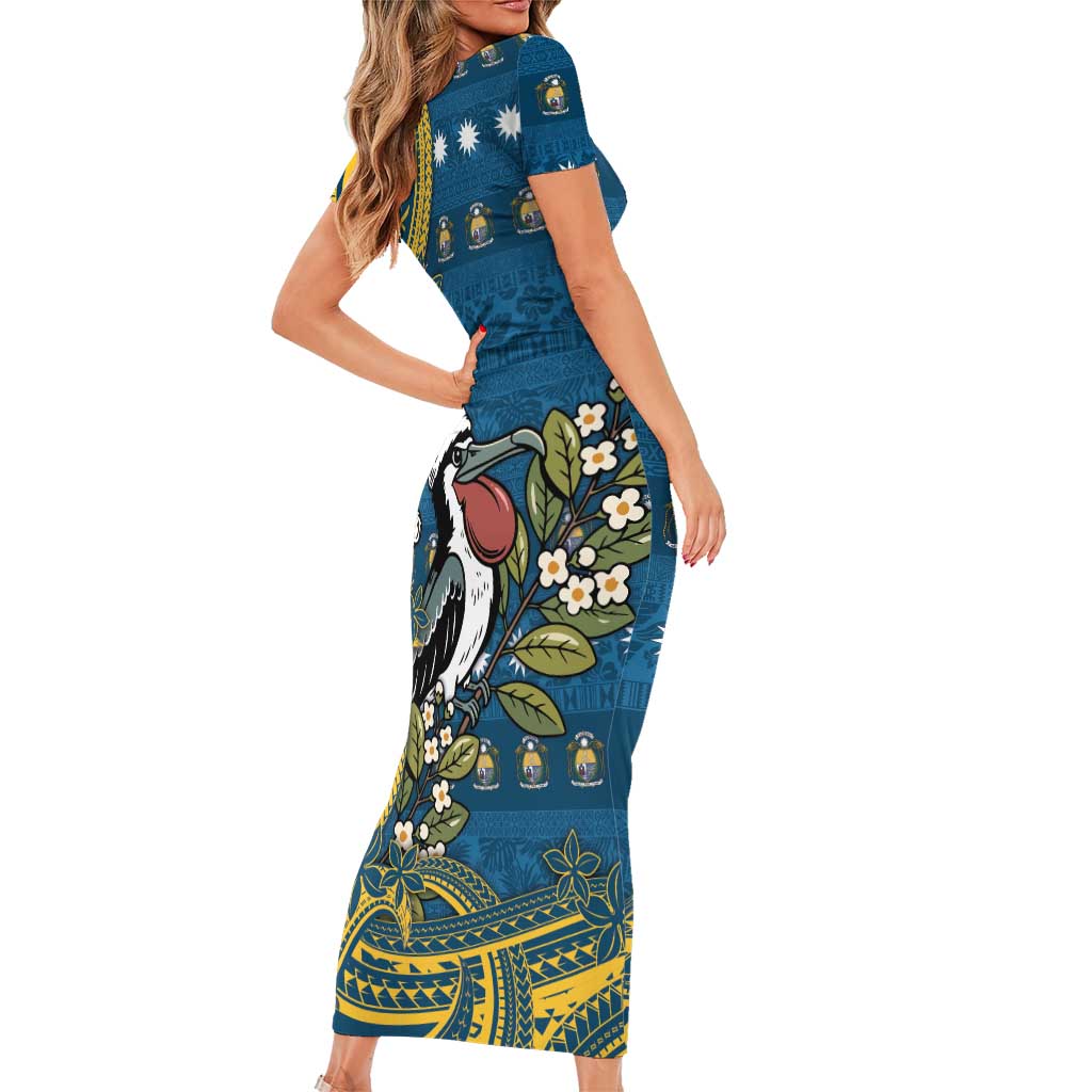 Nauru Christmas Short Sleeve Bodycon Dress Frigatebird Bird Santa Tribal Waves DT05 - Polynesian Pride