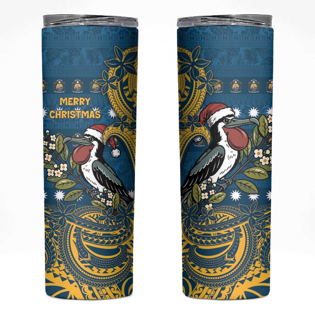 Nauru Christmas Skinny Tumbler Frigatebird Bird Santa Tribal Waves DT05 Deep Blue - Polynesian Pride