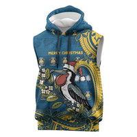 Nauru Christmas Sleeveless Hoodie Frigatebird Bird Santa Tribal Waves DT05 Deep Blue - Polynesian Pride