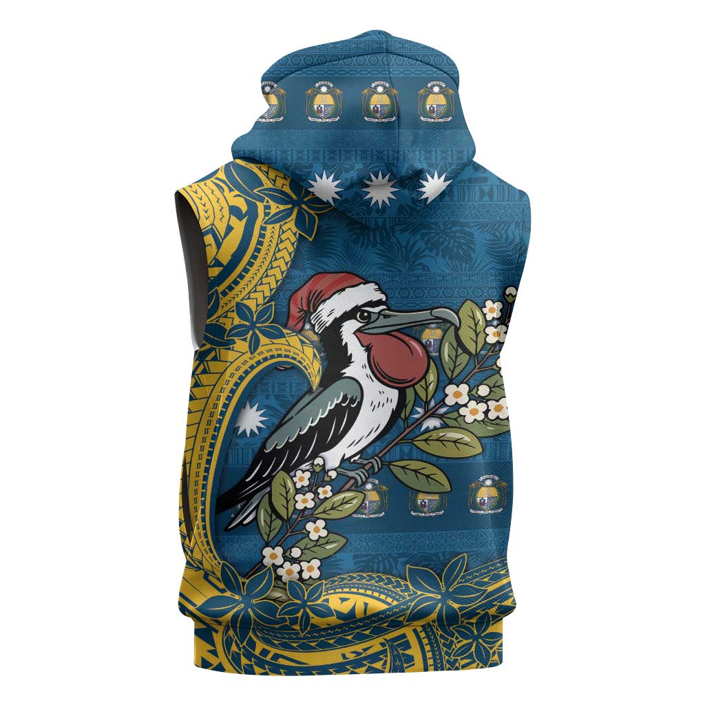 Nauru Christmas Sleeveless Hoodie Frigatebird Bird Santa Tribal Waves DT05 - Polynesian Pride