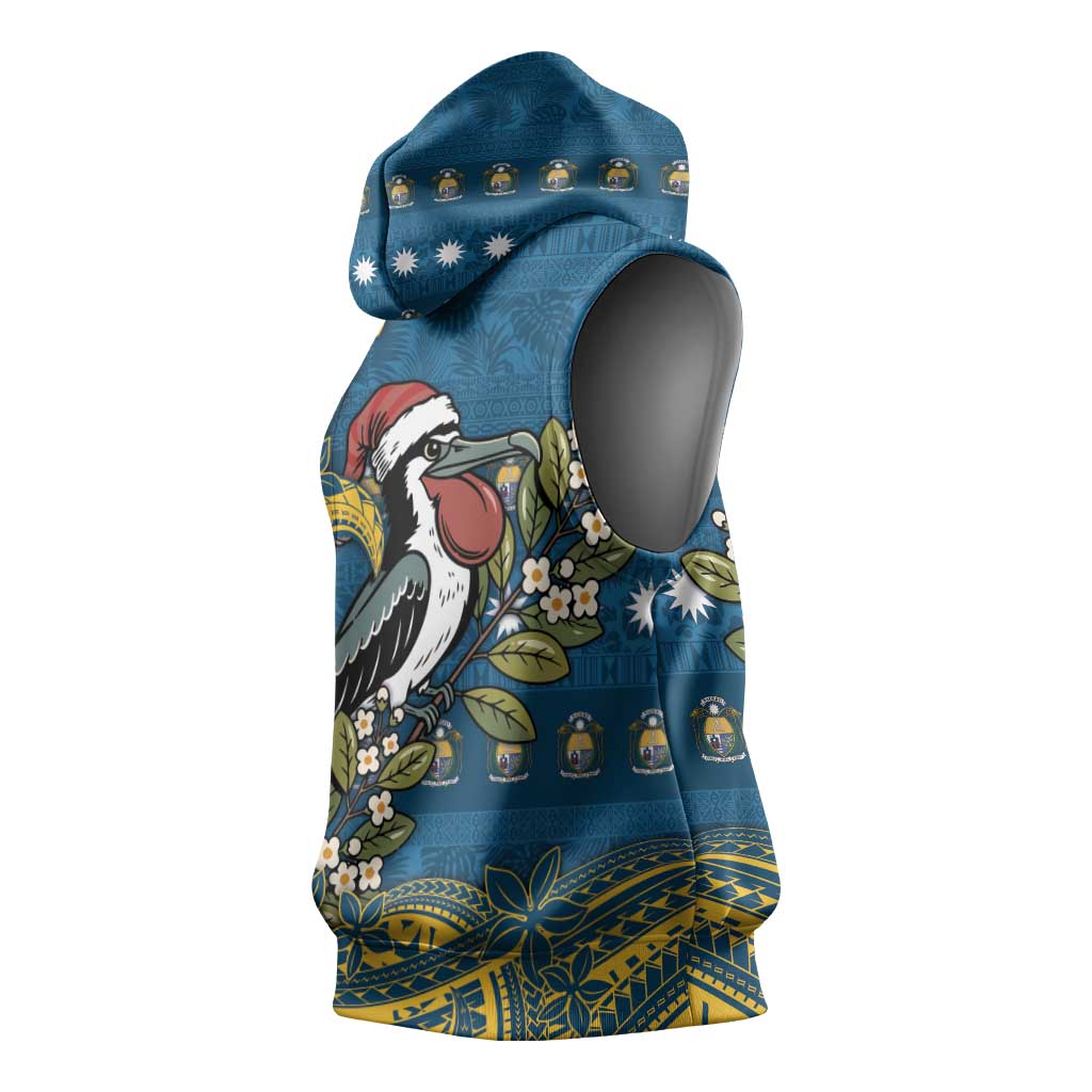 Nauru Christmas Sleeveless Hoodie Frigatebird Bird Santa Tribal Waves DT05 - Polynesian Pride
