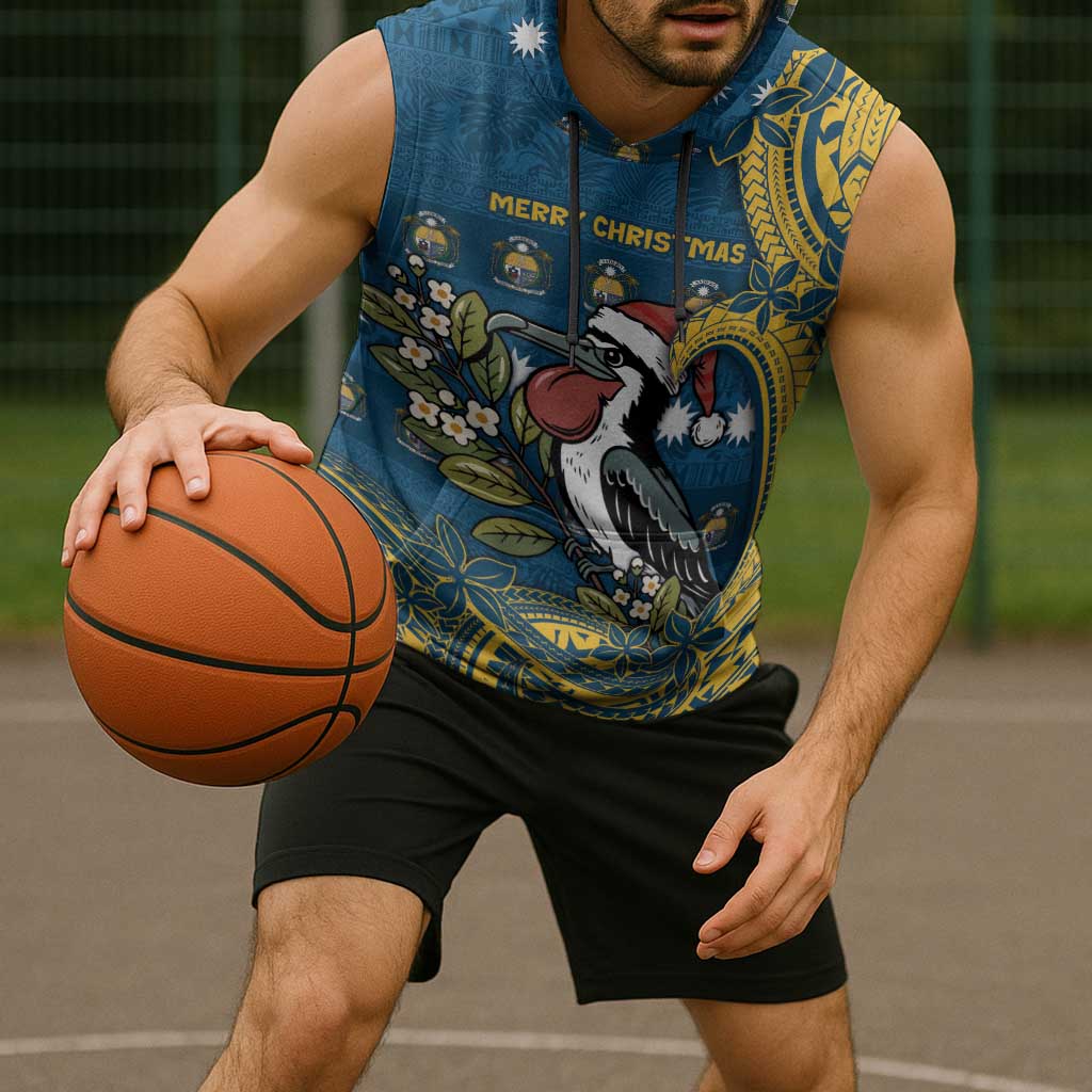 Nauru Christmas Sleeveless Hoodie Frigatebird Bird Santa Tribal Waves DT05 - Polynesian Pride