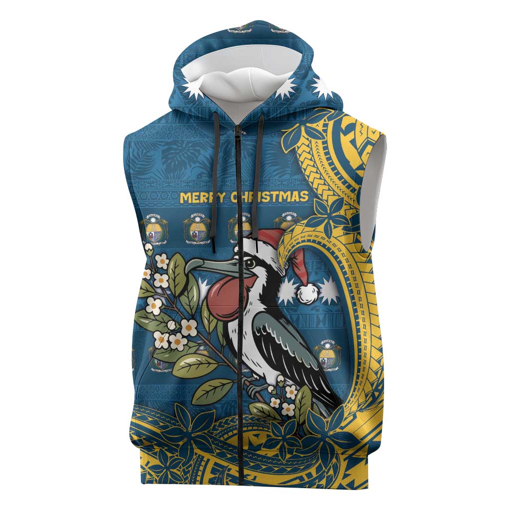 Nauru Christmas Sleeveless Zip Hoodie Frigatebird Bird Santa Tribal Waves DT05 Deep Blue - Polynesian Pride
