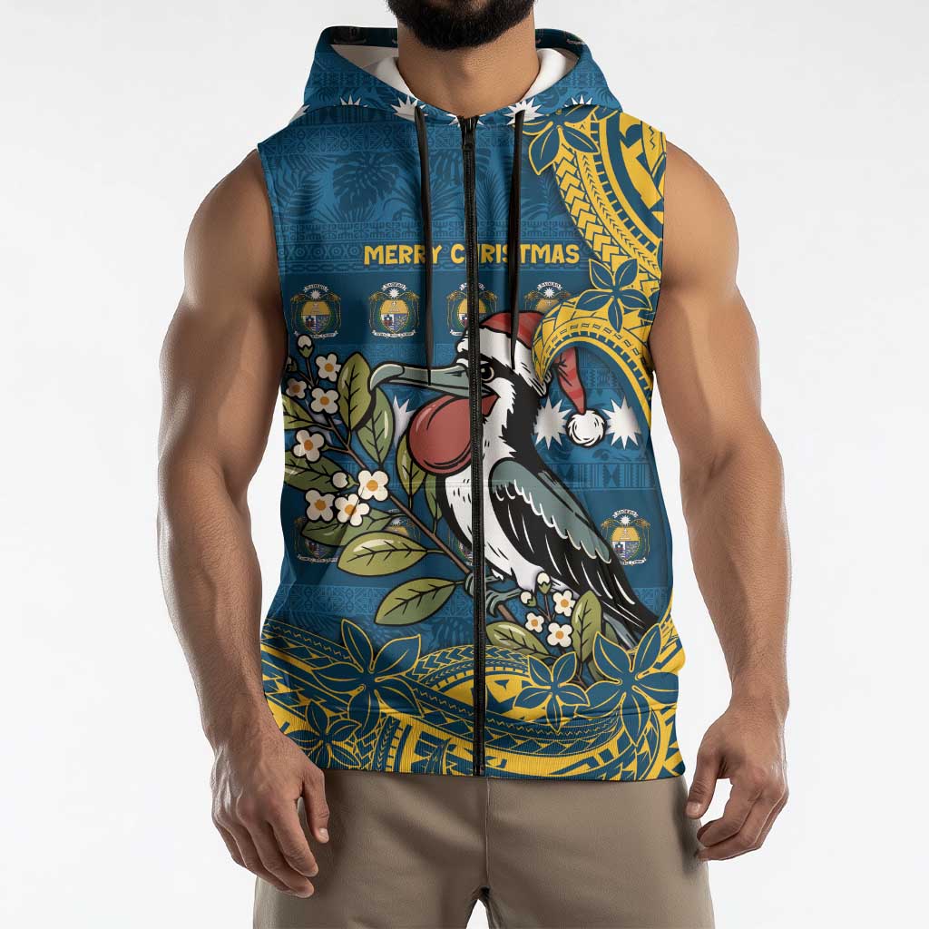 Nauru Christmas Sleeveless Zip Hoodie Frigatebird Bird Santa Tribal Waves DT05 - Polynesian Pride