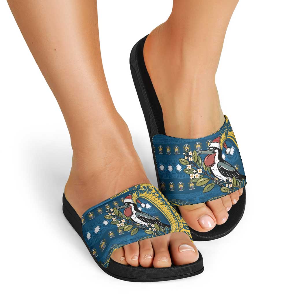 Nauru Christmas Slide Sandals Frigatebird Bird Santa Tribal Waves - Polynesian Pride