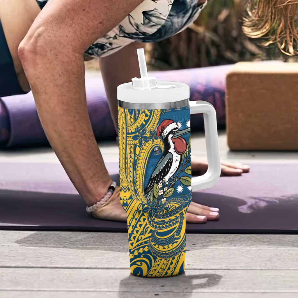 Nauru Christmas Tumbler With Handle Frigatebird Bird Santa Tribal Waves - Polynesian Pride