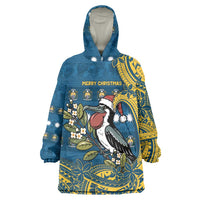 Nauru Christmas Wearable Blanket Hoodie Frigatebird Bird Santa Tribal Waves DT05 One Size Deep Blue - Polynesian Pride