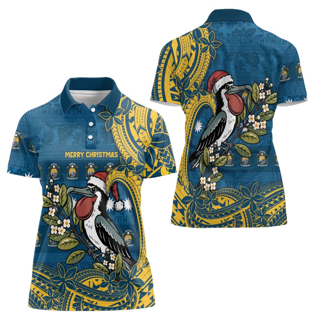 Nauru Christmas Women Polo Shirt Frigatebird Bird Santa Tribal Waves DT05 - Polynesian Pride