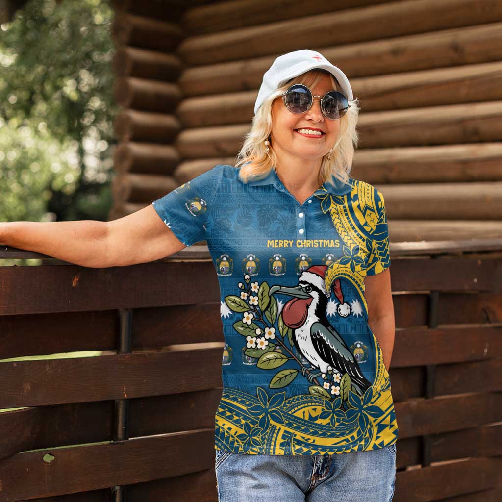 Nauru Christmas Women Polo Shirt Frigatebird Bird Santa Tribal Waves DT05 - Polynesian Pride