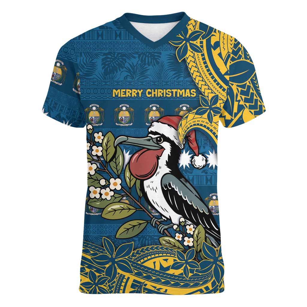 Nauru Christmas Women V-Neck T-Shirt Frigatebird Bird Santa Tribal Waves - Polynesian Pride