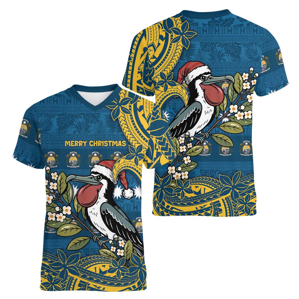 Nauru Christmas Women V-Neck T-Shirt Frigatebird Bird Santa Tribal Waves DT05 - Polynesian Pride