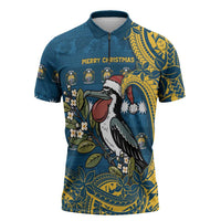 Nauru Christmas Zipper Polo Shirt Frigatebird Bird Santa Tribal Waves DT05 Deep Blue - Polynesian Pride