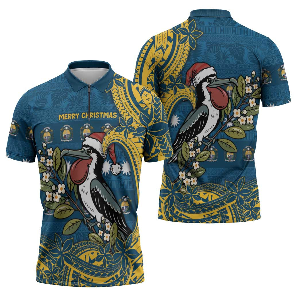 Nauru Christmas Zipper Polo Shirt Frigatebird Bird Santa Tribal Waves DT05 - Polynesian Pride