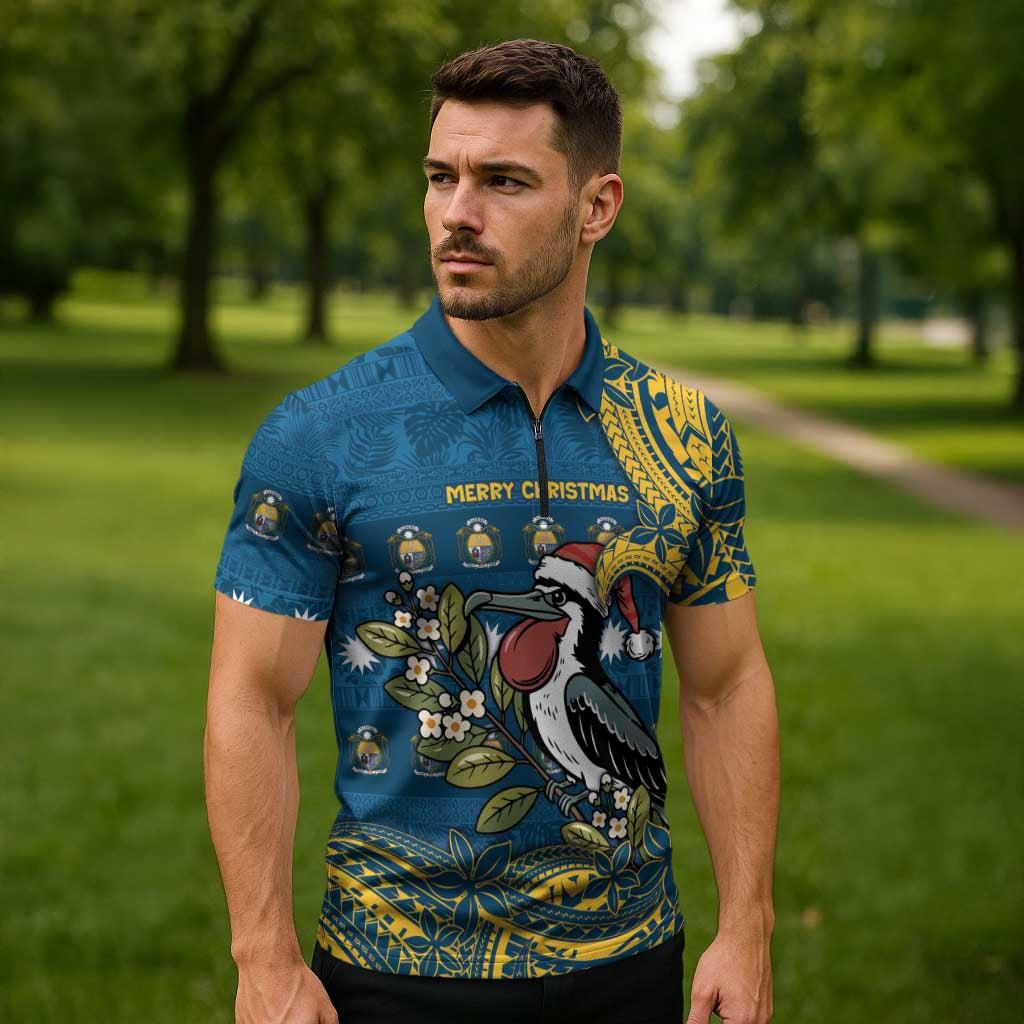 Nauru Christmas Zipper Polo Shirt Frigatebird Bird Santa Tribal Waves DT05 - Polynesian Pride