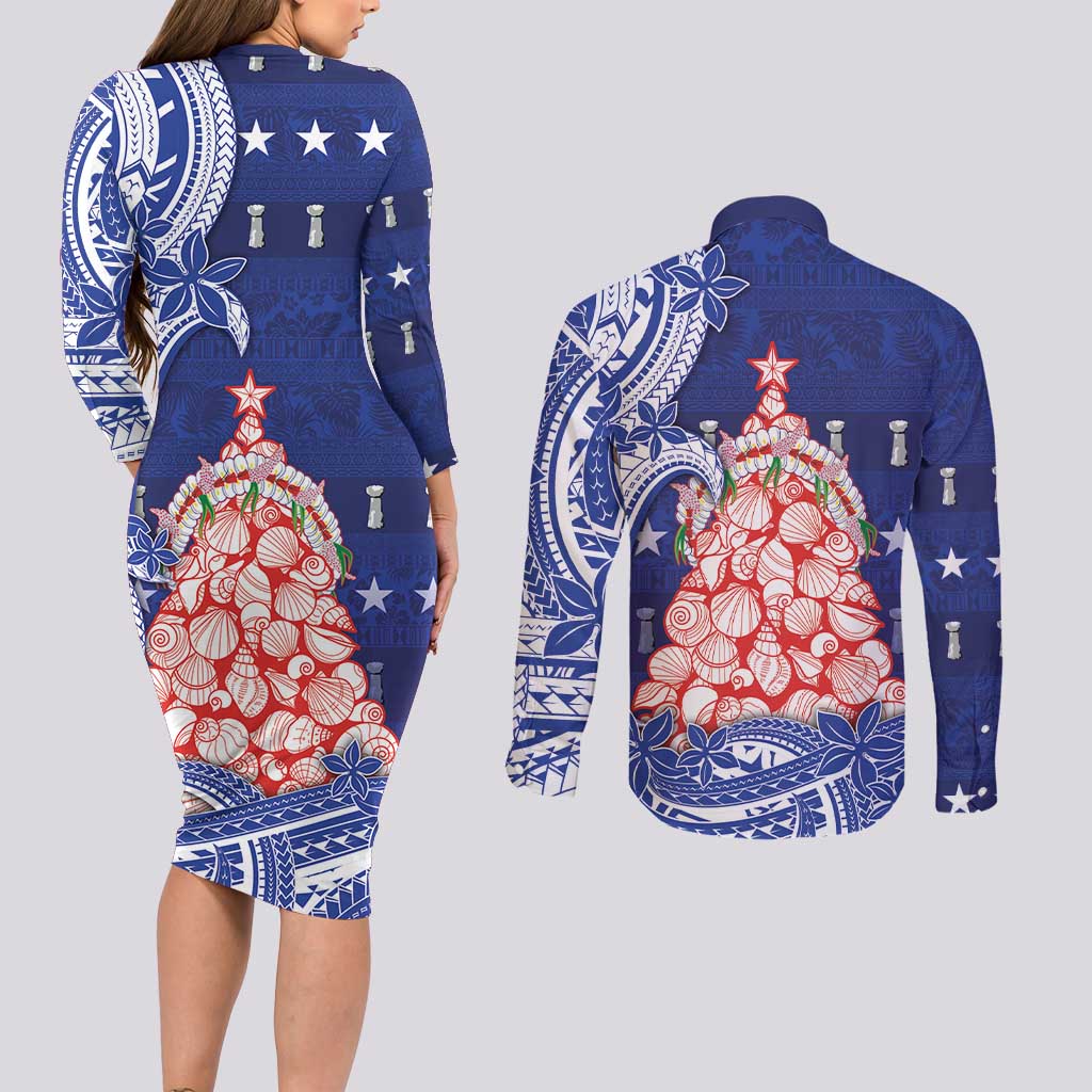 Northern Mariana Islands Christmas Couples Matching Long Sleeve Bodycon Dress and Long Sleeve Button Shirt Seashell Xmas Tree Tribal Waves DT05 - Polynesian Pride
